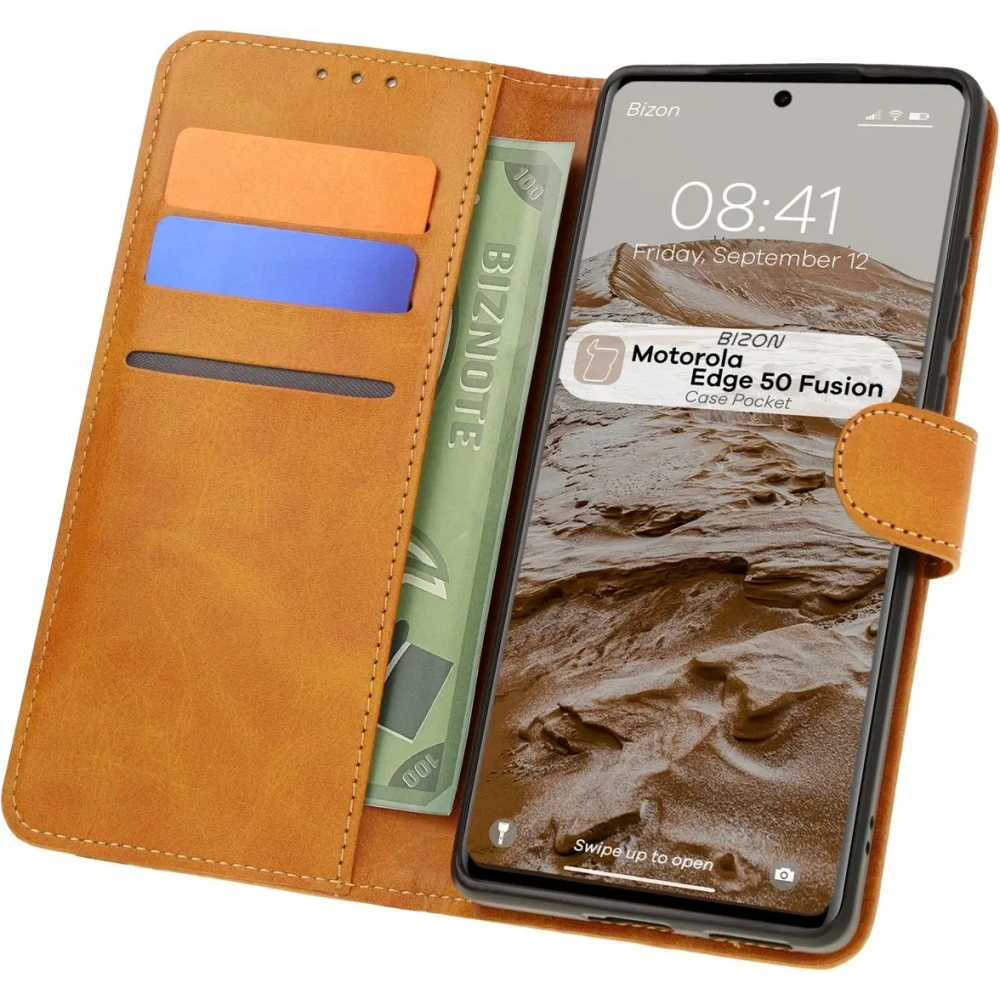 Etui z klapką Bizon Case Pocket do Motorola Edge 50 Fusion brązowe