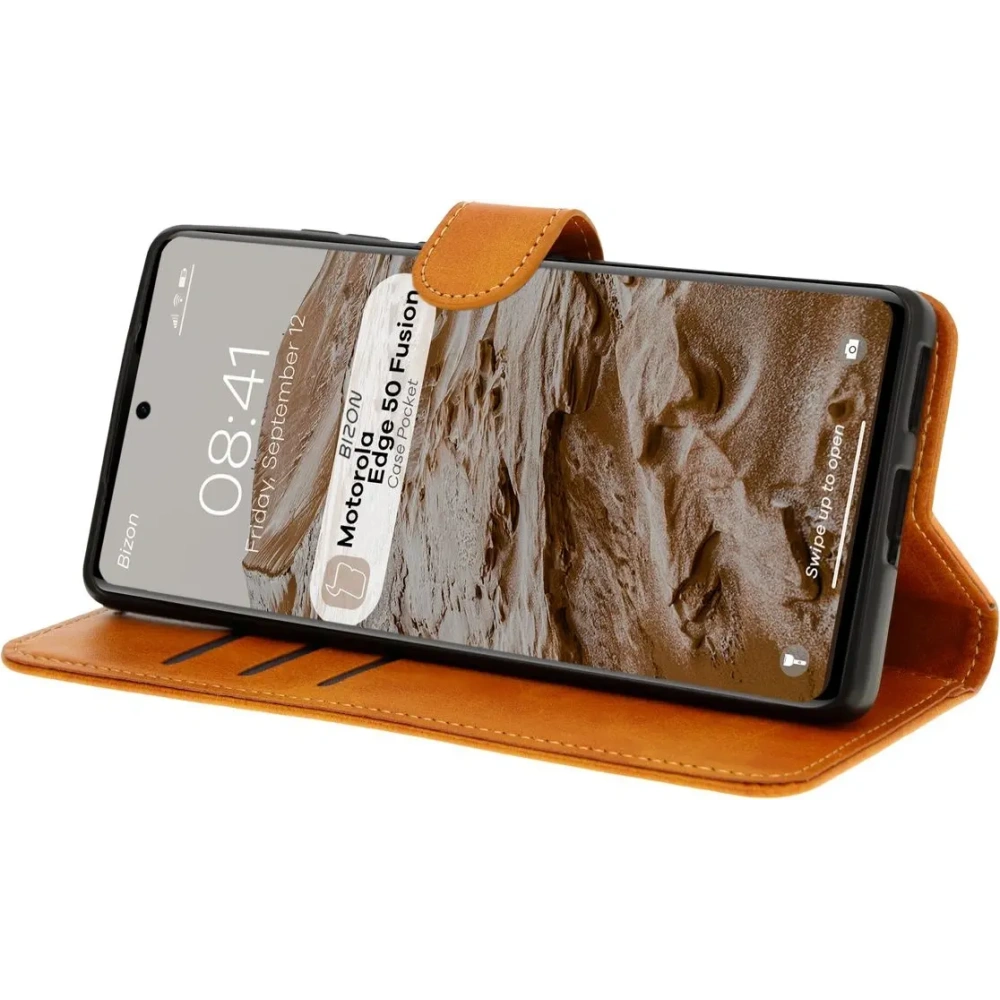 Etui z klapką Bizon Case Pocket do Motorola Edge 50 Fusion brązowe