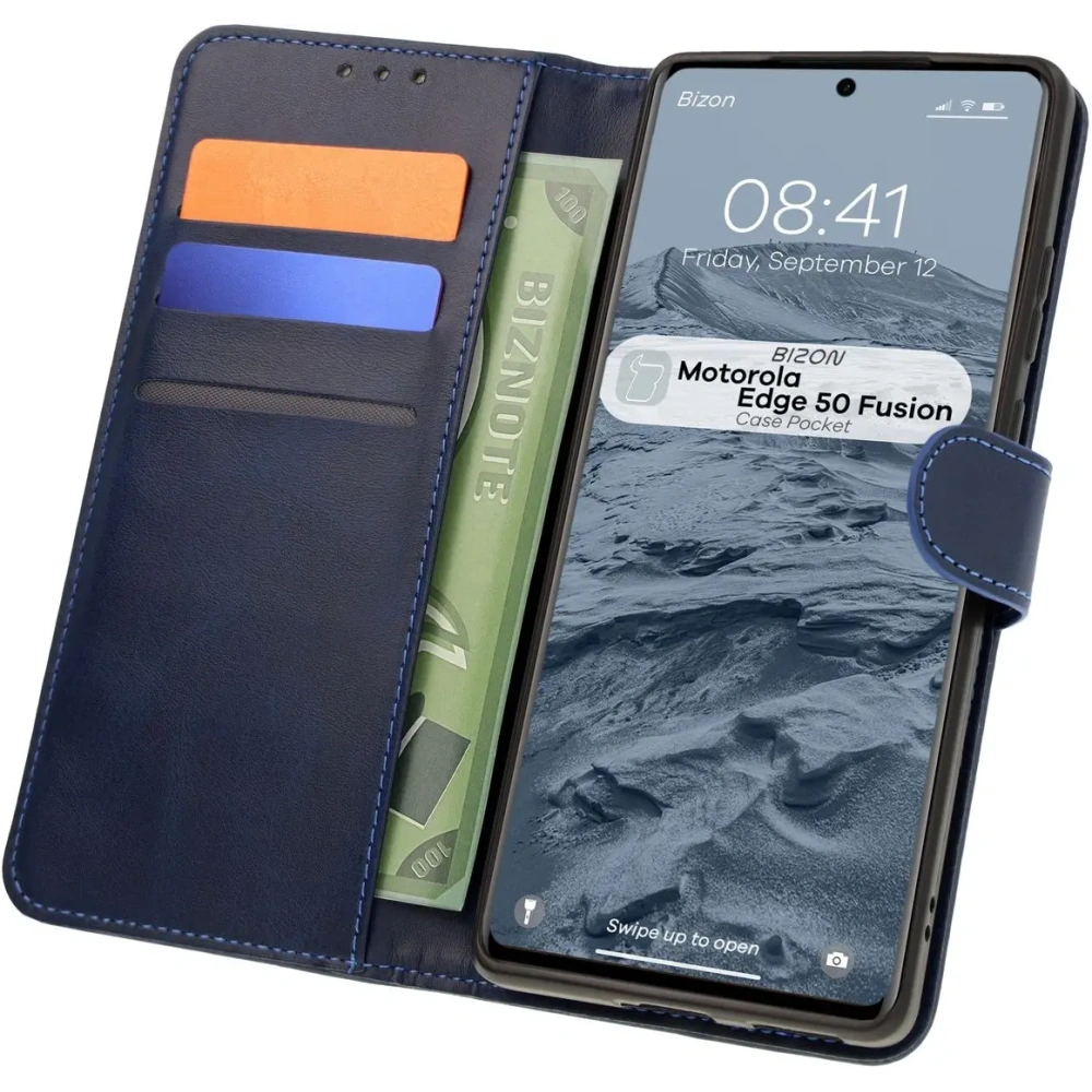 Etui z klapką Bizon Case Pocket do Motorola Edge 50 Fusion granatowe
