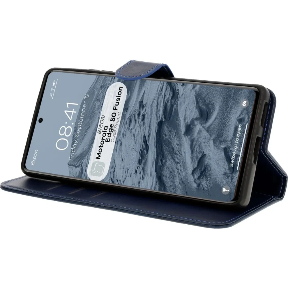 Etui z klapką Bizon Case Pocket do Motorola Edge 50 Fusion granatowe