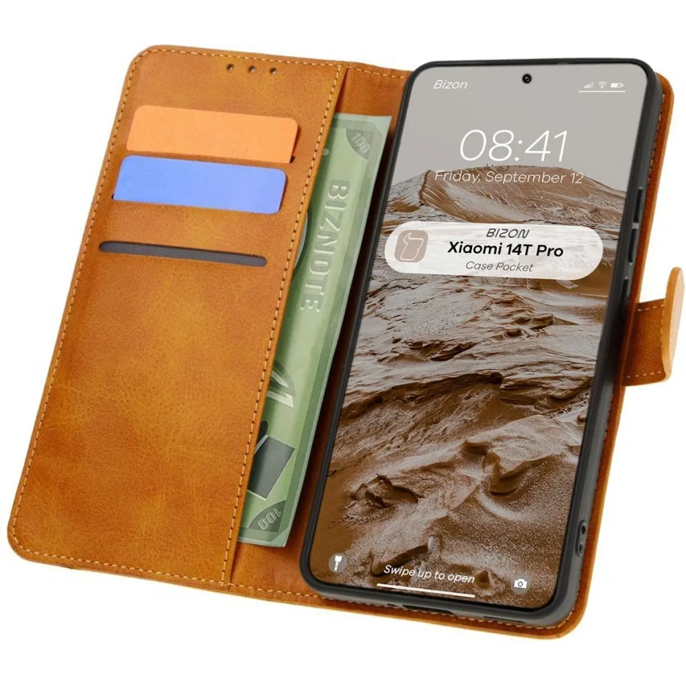 Etui z klapką Bizon Case Pocket do Xiaomi 14T Pro brązowe