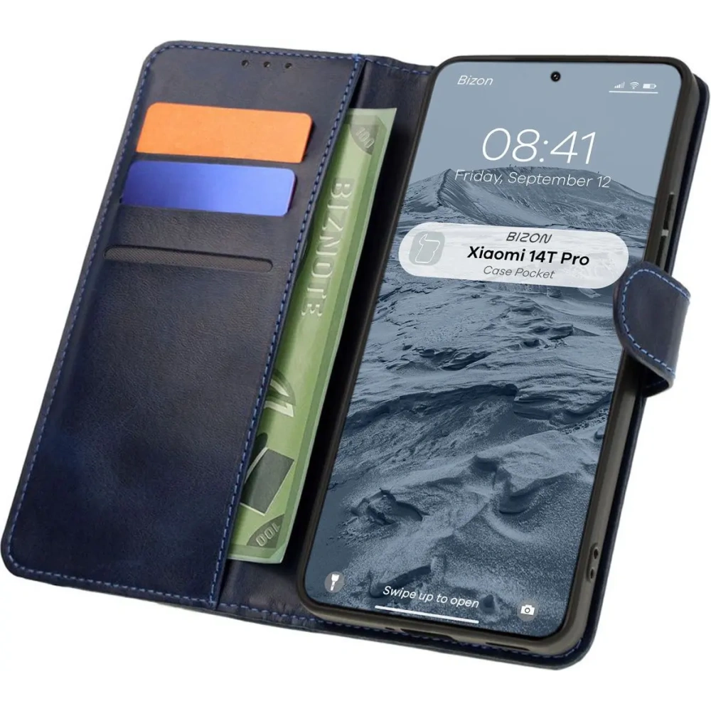 Etui z klapką Bizon Case Pocket do Xiaomi 14T Pro granatowe