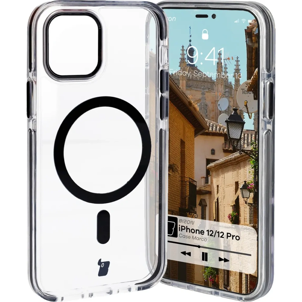 Etui z pierścieniem magnetycznym Bizon Case Marco do Apple iPhone 12 Pro / 12 przezroczyste z czarną ramką