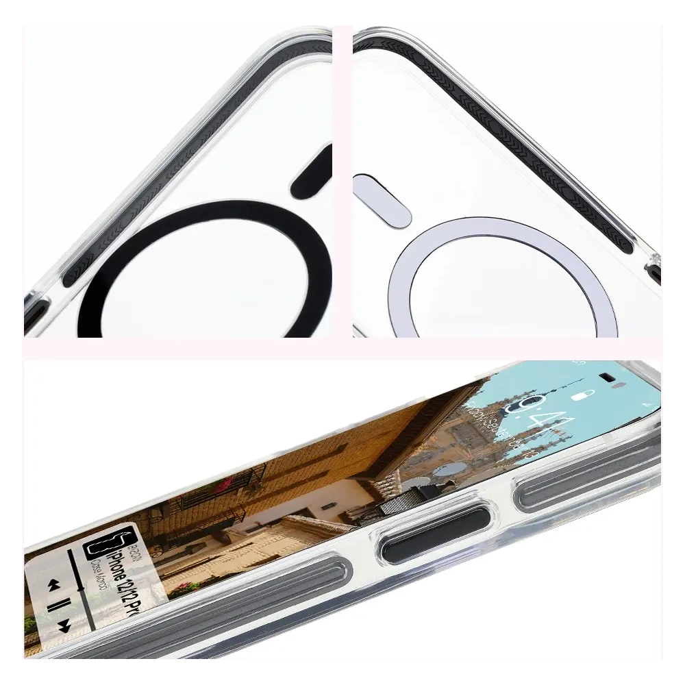 Etui z pierścieniem magnetycznym Bizon Case Marco do Apple iPhone 12 Pro / 12 przezroczyste z czarną ramką
