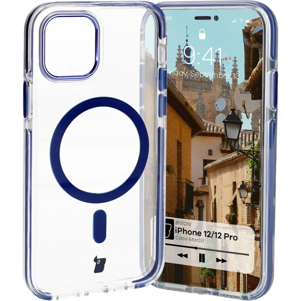 Etui z pierścieniem magnetycznym Bizon Case Marco do Apple iPhone 12 Pro / 12 przezroczyste z niebieską ramką