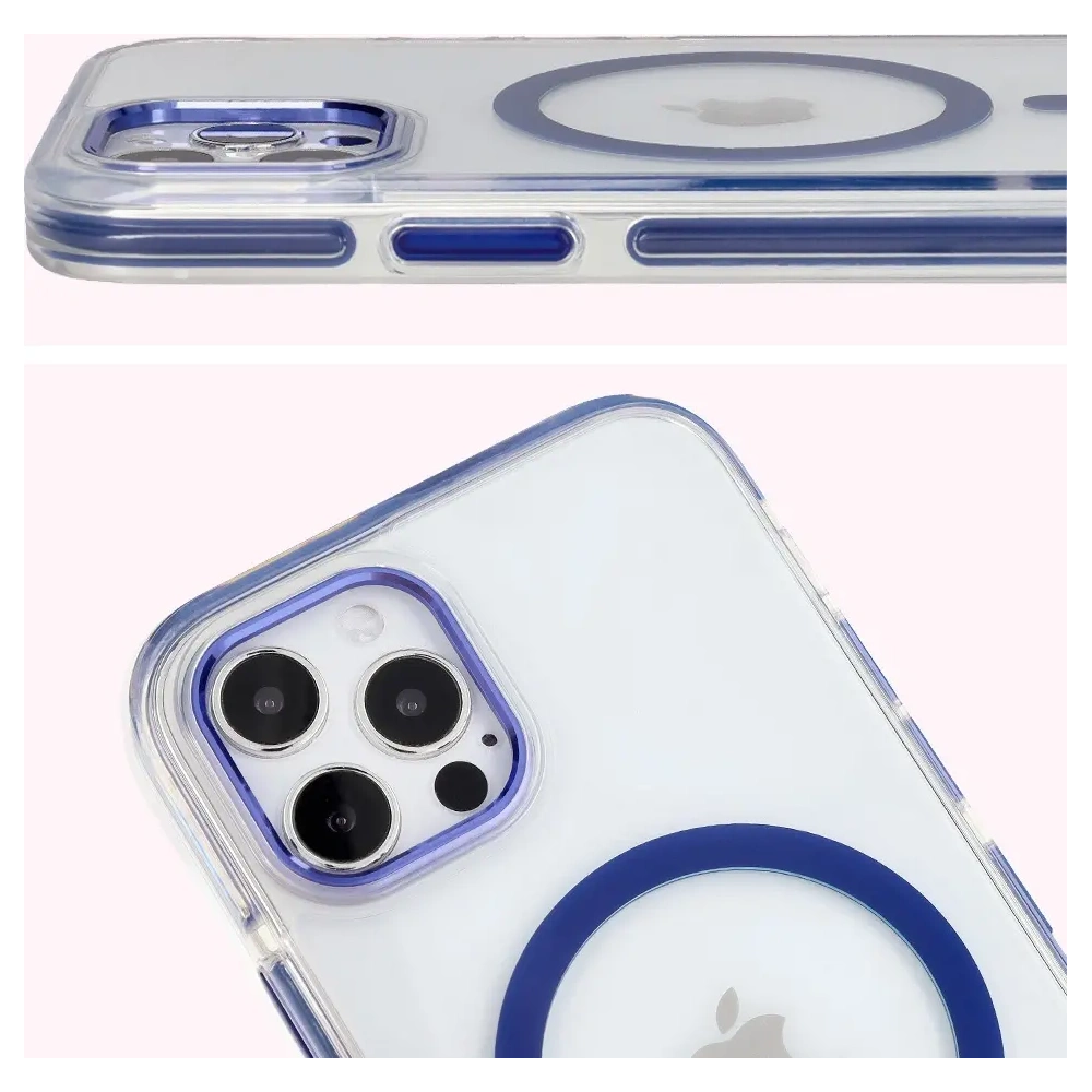 Etui z pierścieniem magnetycznym Bizon Case Marco do Apple iPhone 12 Pro / 12 przezroczyste z niebieską ramką