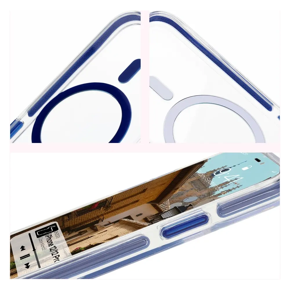 Etui z pierścieniem magnetycznym Bizon Case Marco do Apple iPhone 12 Pro / 12 przezroczyste z niebieską ramką