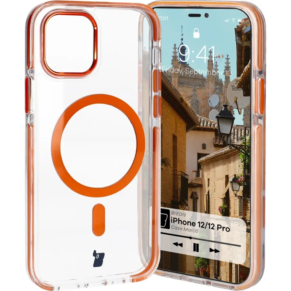 Etui z pierścieniem magnetycznym Bizon Case Marco do Apple iPhone 12 Pro / 12 przezroczyste z pomarańczową ramką