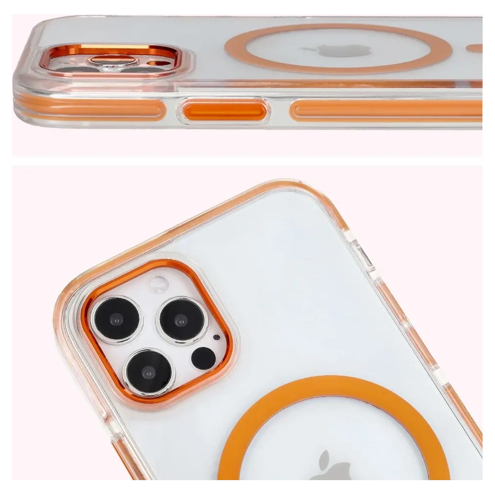 Etui z pierścieniem magnetycznym Bizon Case Marco do Apple iPhone 12 Pro / 12 przezroczyste z pomarańczową ramką