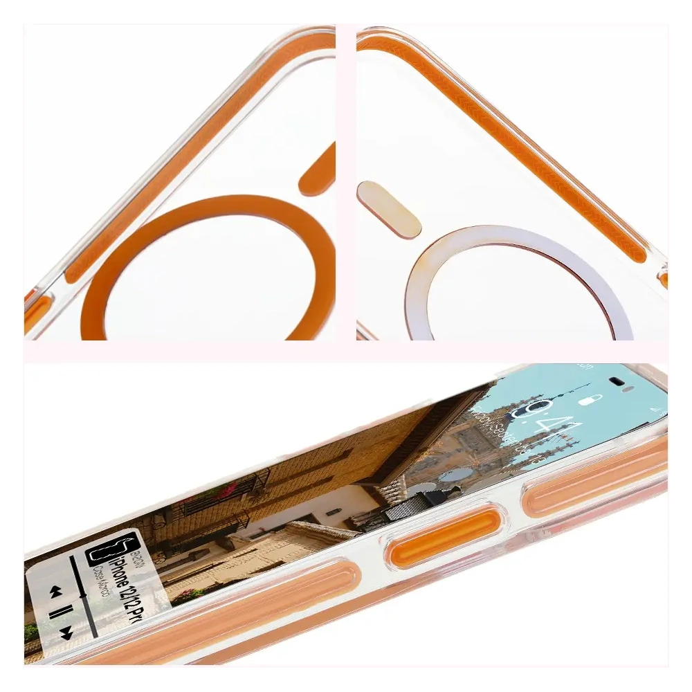 Etui z pierścieniem magnetycznym Bizon Case Marco do Apple iPhone 12 Pro / 12 przezroczyste z pomarańczową ramką