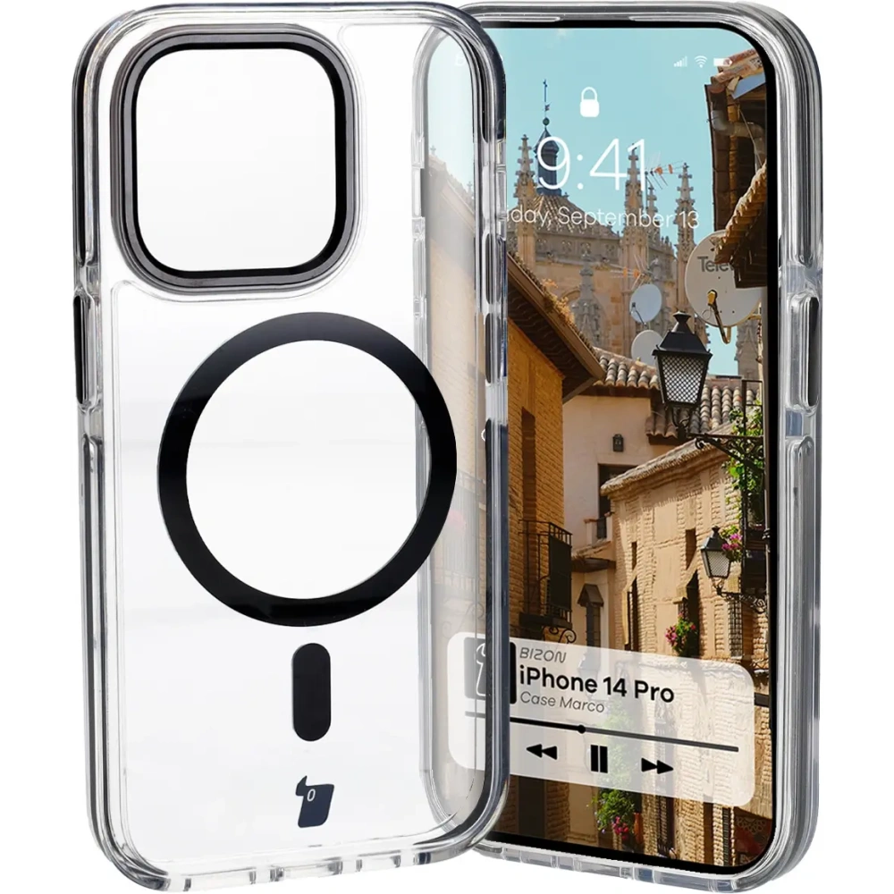 Etui z pierścieniem magnetycznym Bizon Case Marco do Apple iPhone 14 Pro przezroczyste z czarną ramką