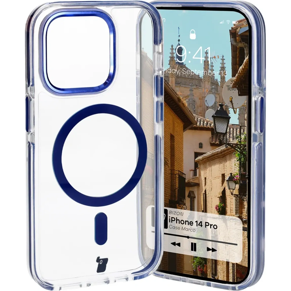 Etui z pierścieniem magnetycznym Bizon Case Marco do Apple iPhone 14 Pro przezroczyste z niebieską ramką