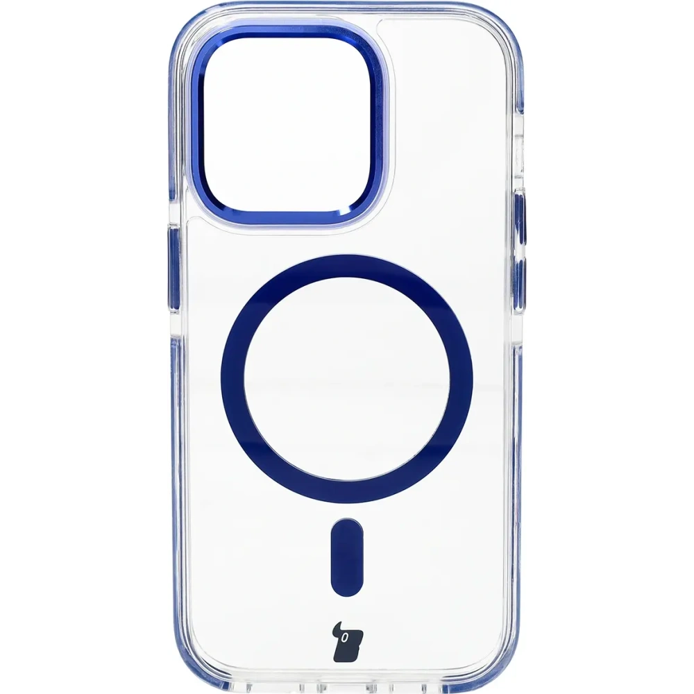 Etui z pierścieniem magnetycznym Bizon Case Marco do Apple iPhone 14 Pro przezroczyste z niebieską ramką