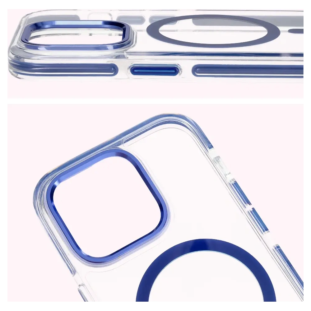 Etui z pierścieniem magnetycznym Bizon Case Marco do Apple iPhone 14 Pro przezroczyste z niebieską ramką