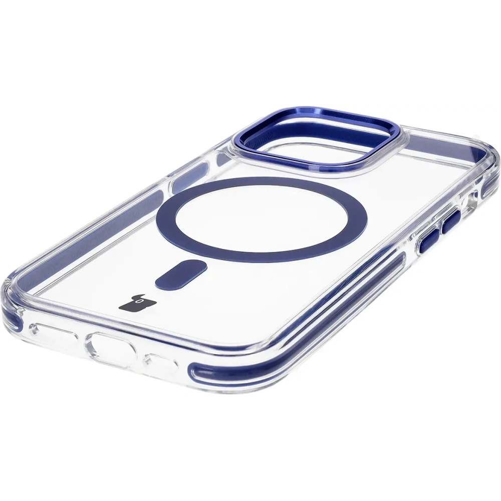 Etui z pierścieniem magnetycznym Bizon Case Marco do Apple iPhone 14 Pro przezroczyste z niebieską ramką