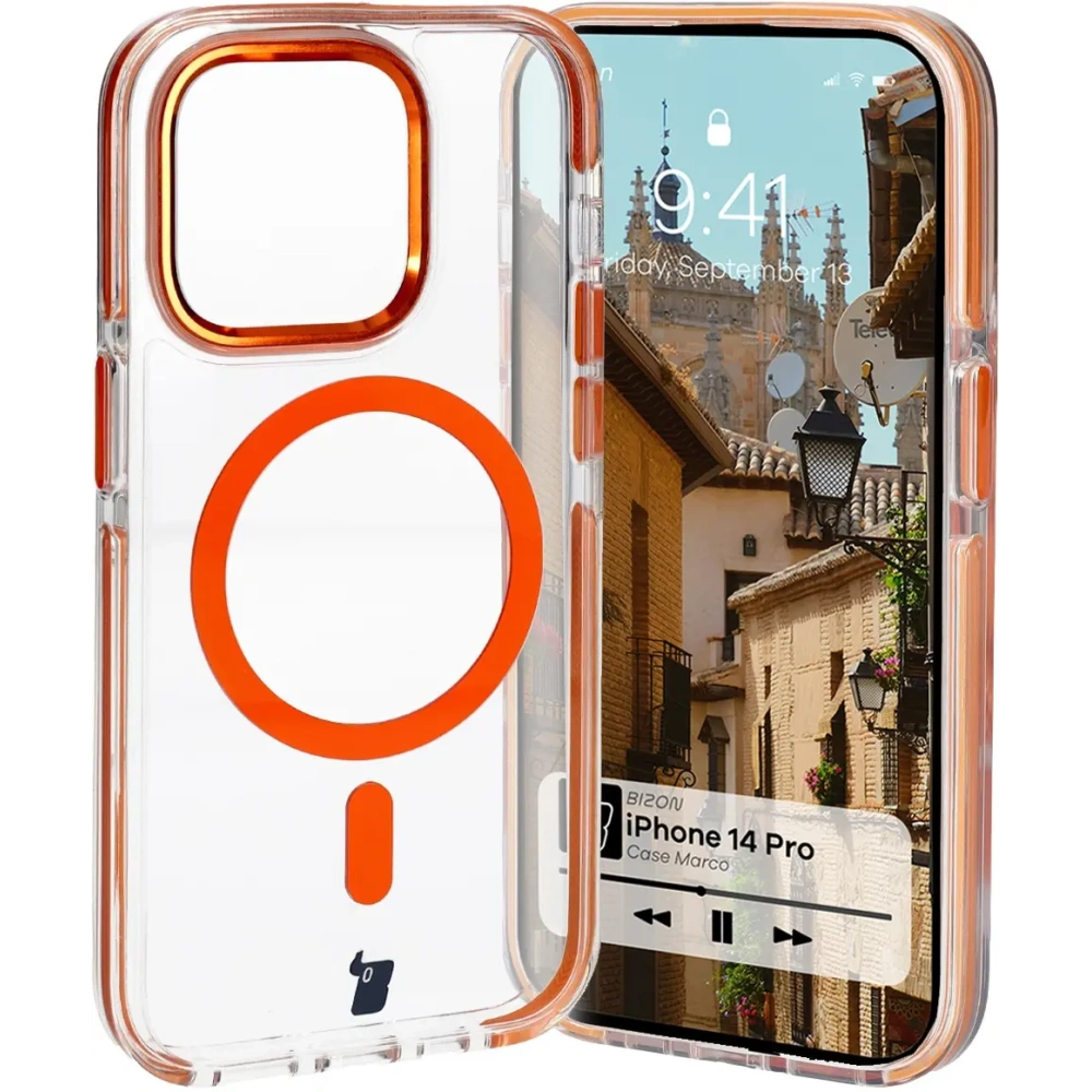 Etui z pierścieniem magnetycznym Bizon Case Marco do Apple iPhone 14 Pro przezroczyste z pomarańczową ramką