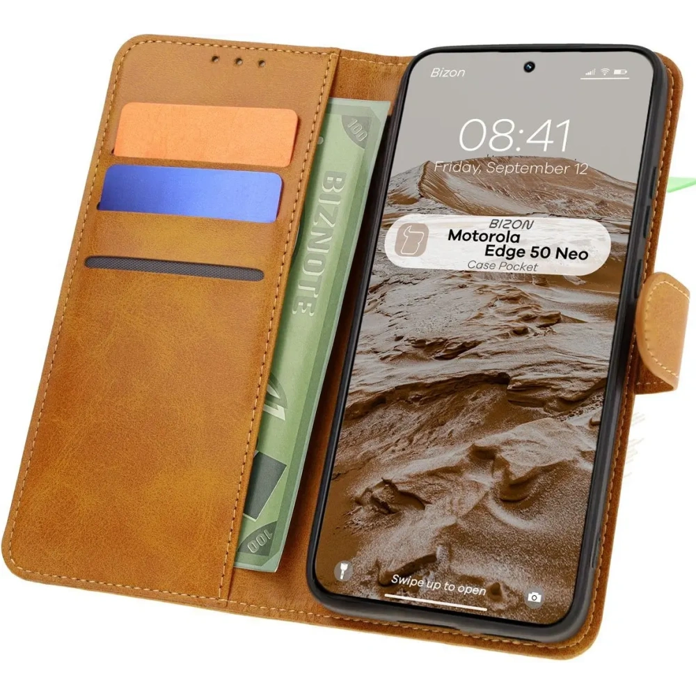 Etui z klapką Bizon Case Pocket do Motorola Edge 50 Neo brązowe
