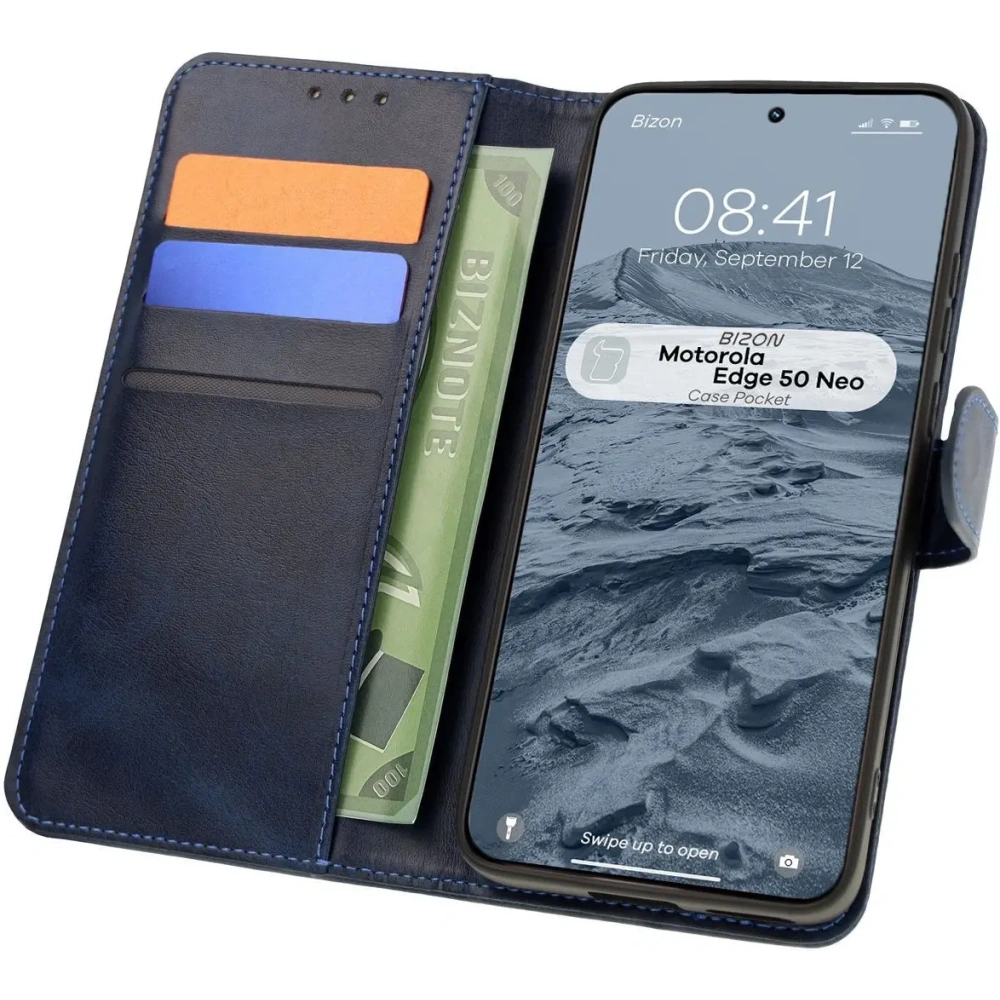 Etui z klapką Bizon Case Pocket do Motorola Edge 50 Neo granatowe