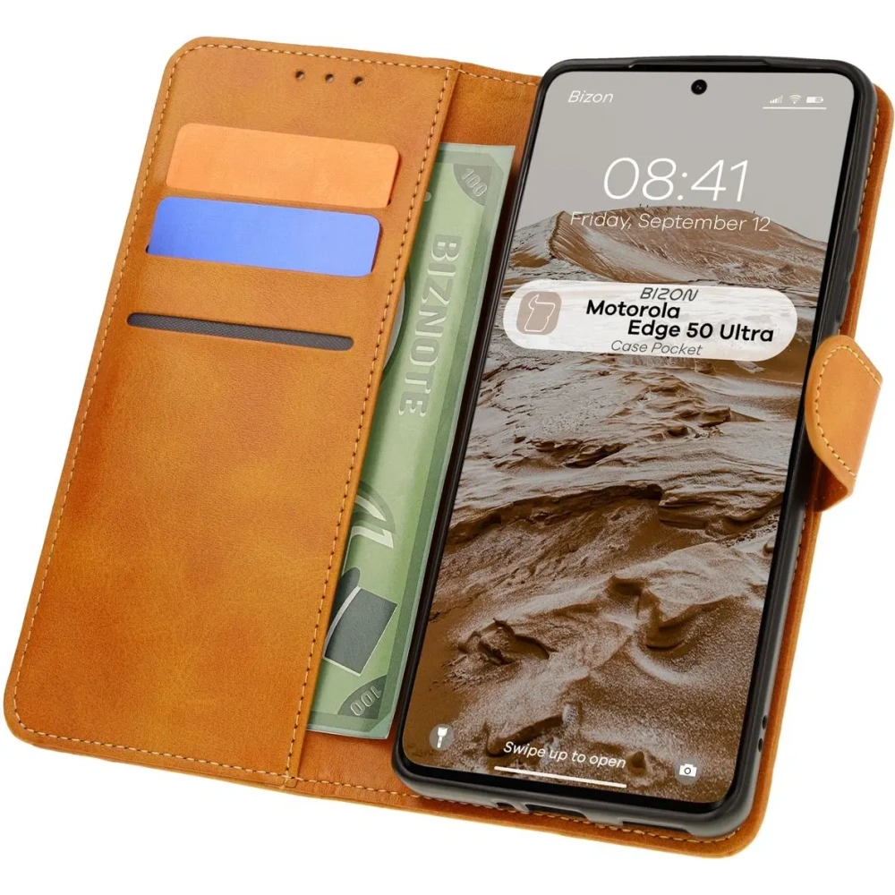 Etui z klapką Bizon Case Pocket do Motorola Edge 50 Ultra brązowe