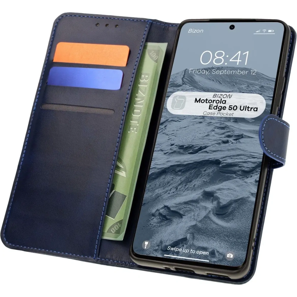 Etui z klapką Bizon Case Pocket do Motorola Edge 50 Ultra granatowe