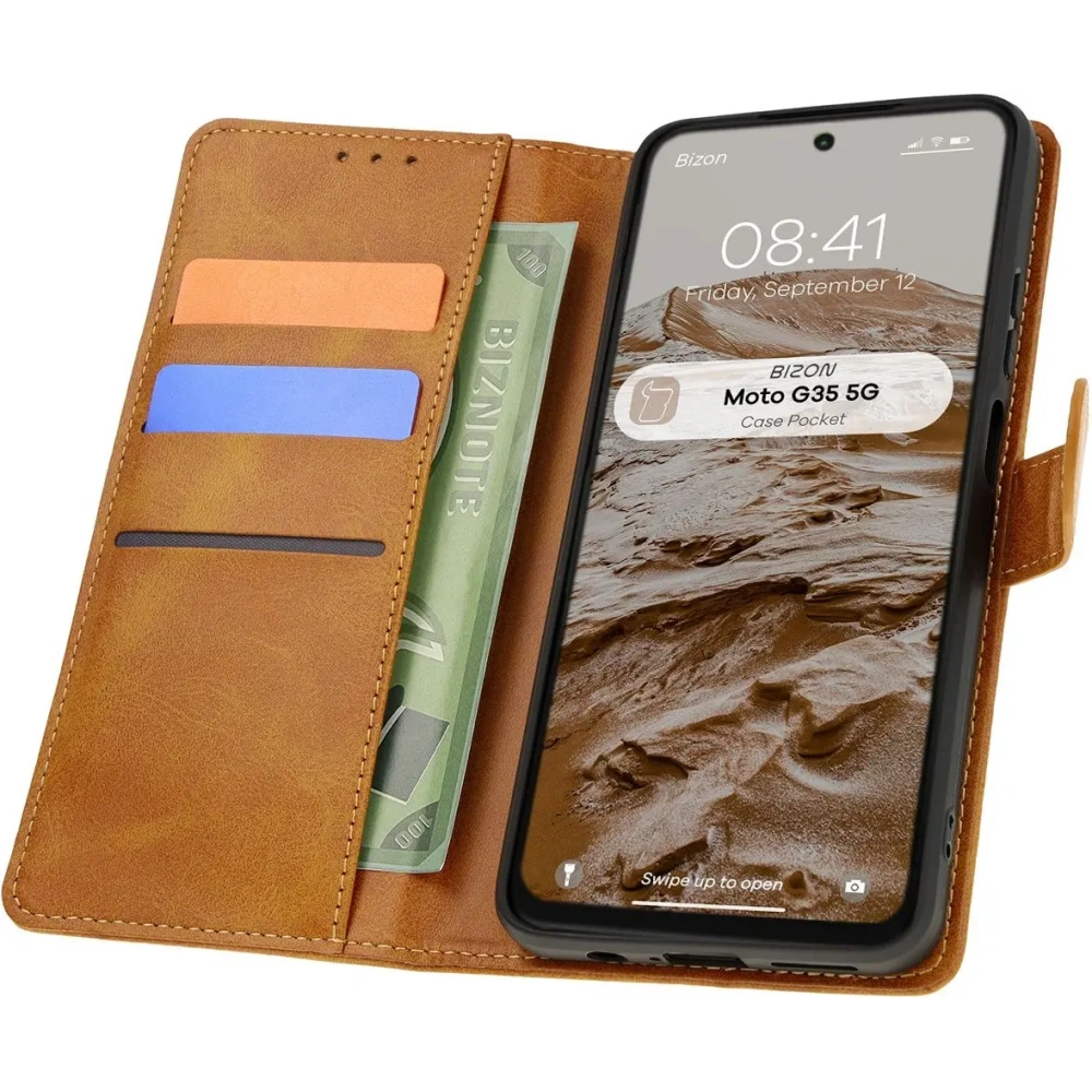 Etui z klapką Bizon Case Pocket do Motorola Moto G35 5G brązowe