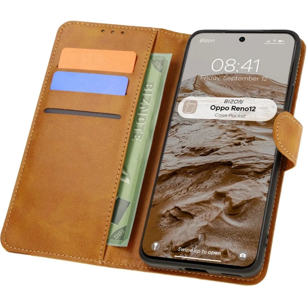 Etui z klapką Bizon Case Pocket do Oppo Reno 12 brązowe