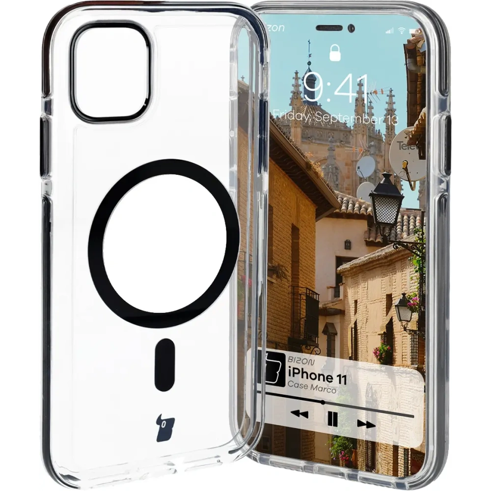 Etui z pierścieniem magnetycznym Bizon Case Marco do Apple iPhone 11 przezroczyste z czarną ramką