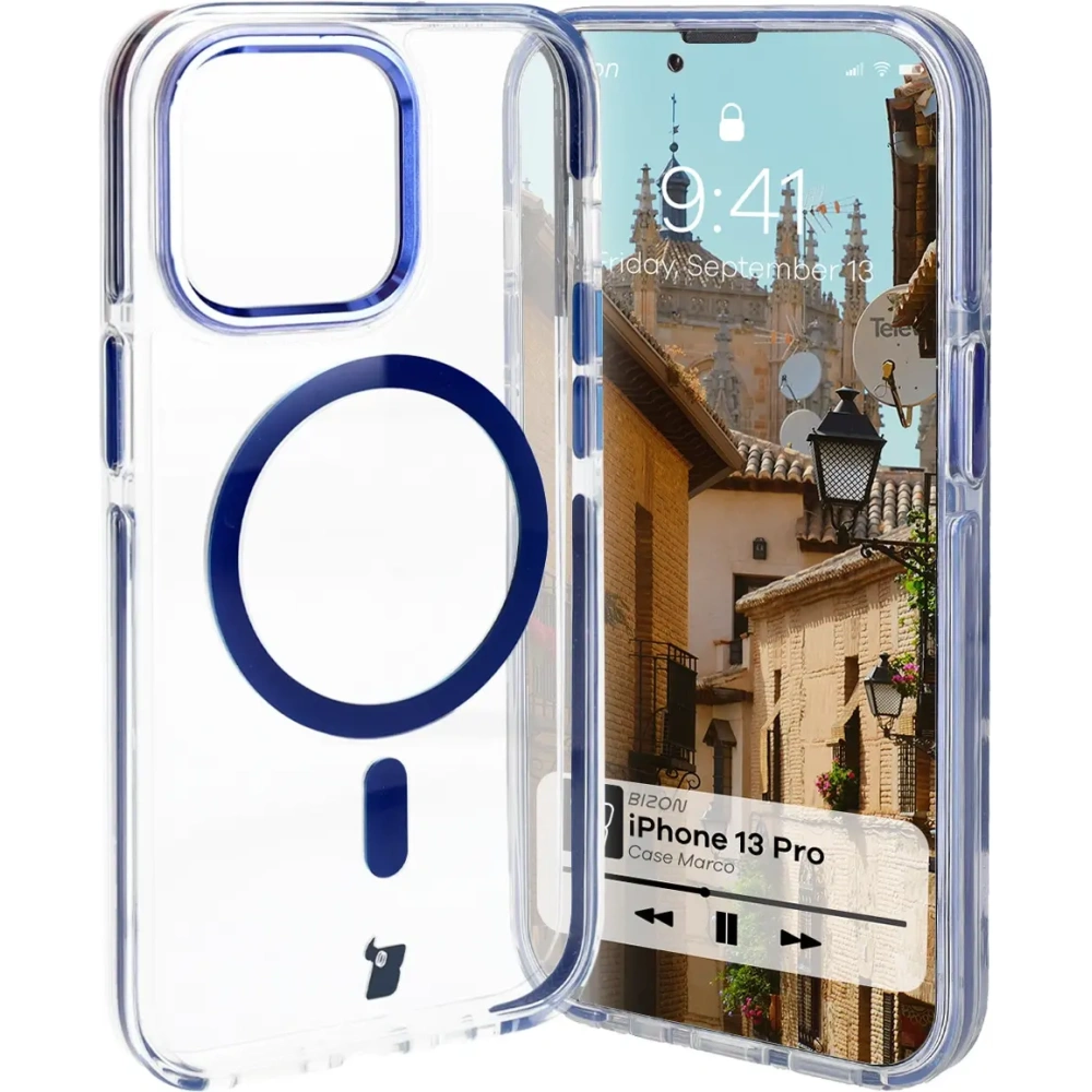 Etui z pierścieniem magnetycznym Bizon Case Marco do Apple iPhone 13 Pro przezroczyste z niebieską ramką