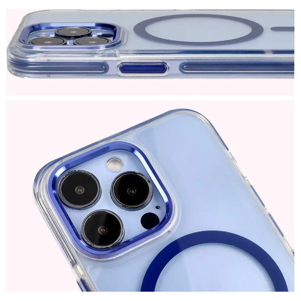 Etui z pierścieniem magnetycznym Bizon Case Marco do Apple iPhone 13 Pro przezroczyste z niebieską ramką