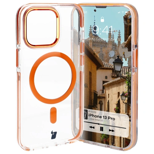 Kup Etui z pierścieniem magnetickým Bizon Case Marco do Apple iPhone 13 Pro průhledné s oranžovým rámem - BIZ7045 - {ean13} - Sklep Home Screen