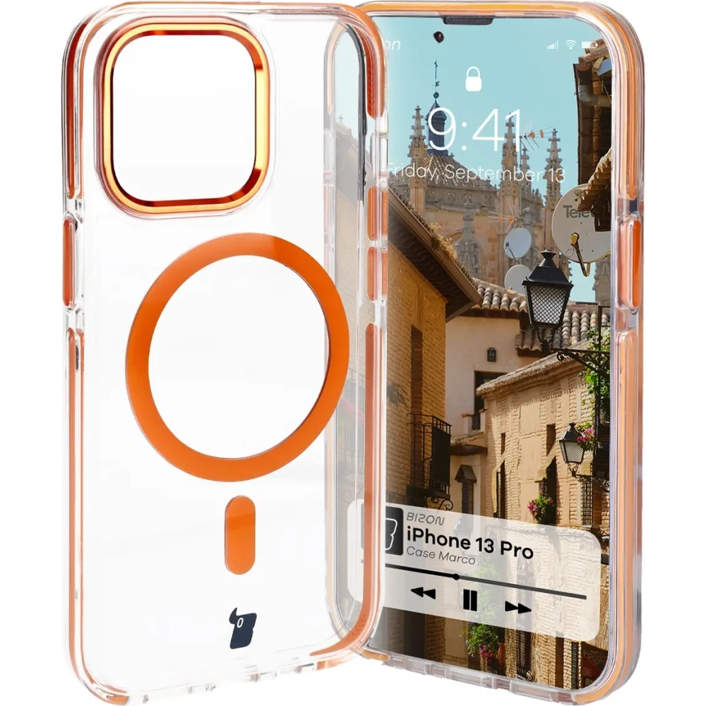 Etui z pierścieniem magnetycznym Bizon Case Marco do Apple iPhone 13 Pro przezroczyste z pomarańczową ramką