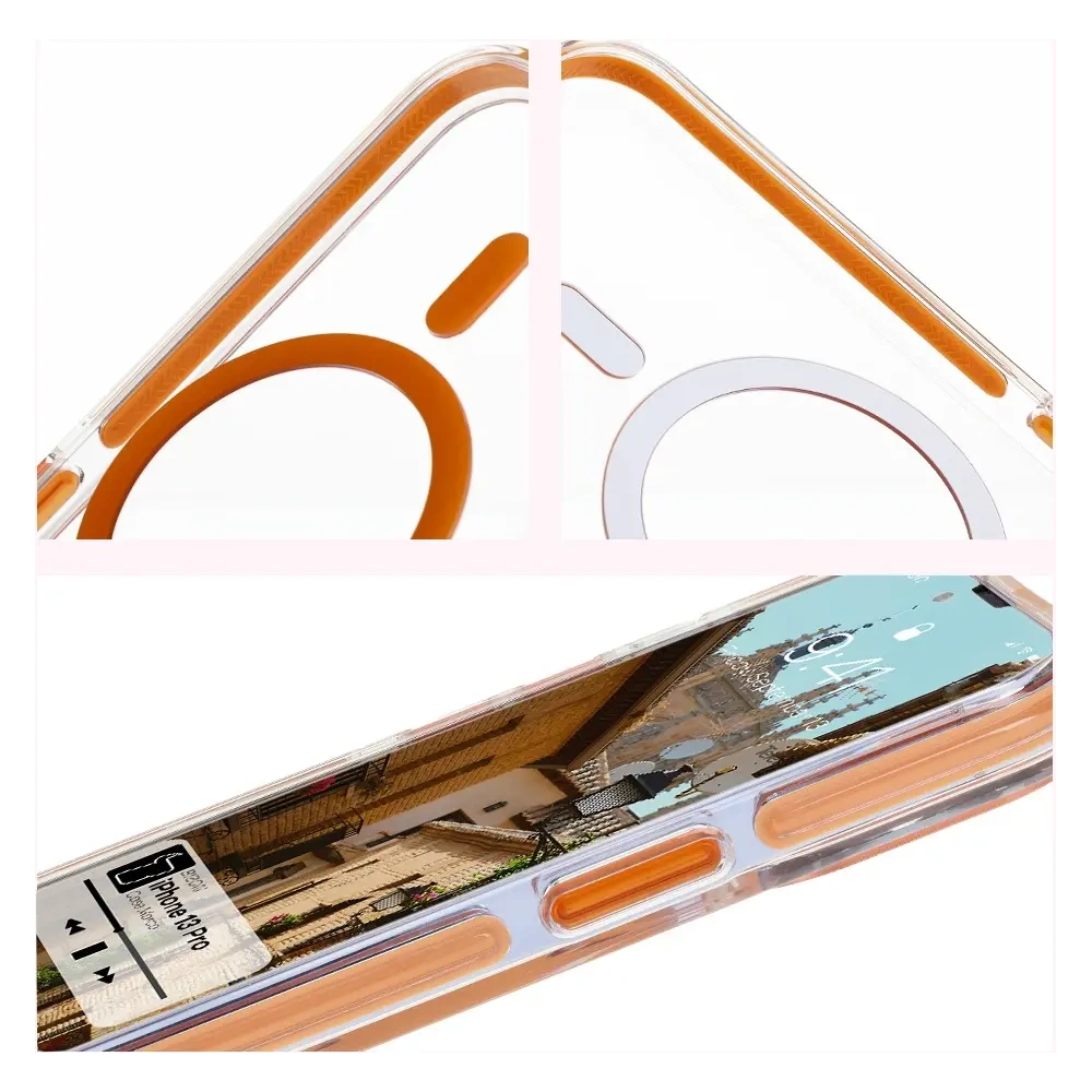 Etui z pierścieniem magnetycznym Bizon Case Marco do Apple iPhone 13 Pro przezroczyste z pomarańczową ramką