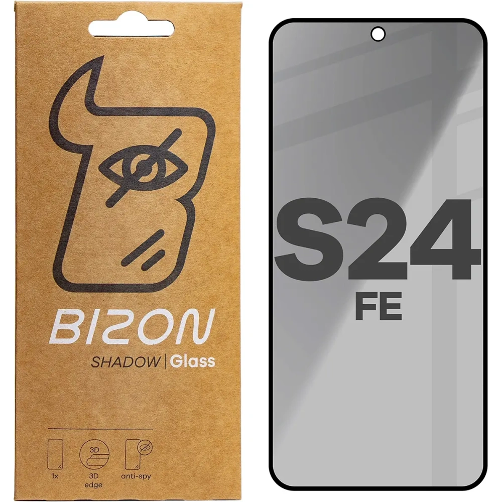 Prywatyzujące szkło hartowane Bizon Glass Edge Shadow do Samsung Galaxy S24 FE przyciemniane z czarną ramką