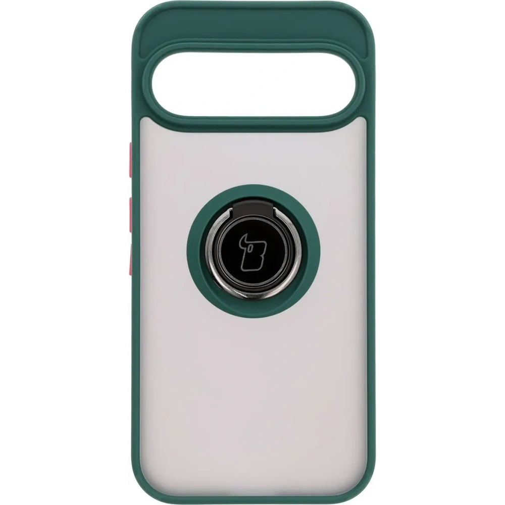 Etui z uchwytem na palec Bizon Case Hybrid Ring do Google Pixel 9 / 9 Pro przydymione z ciemnozieloną ramką