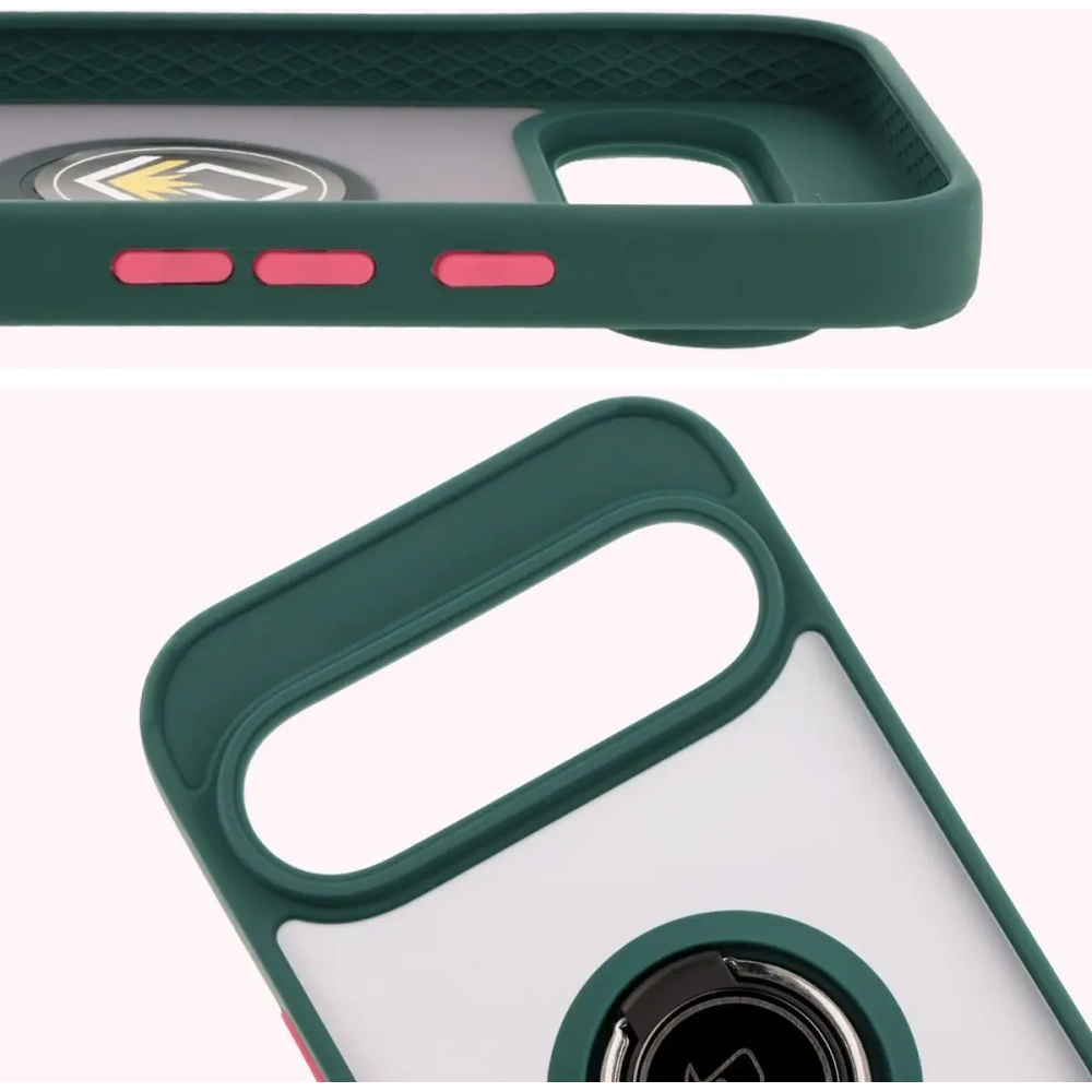 Etui z uchwytem na palec Bizon Case Hybrid Ring do Google Pixel 9 / 9 Pro przydymione z ciemnozieloną ramką