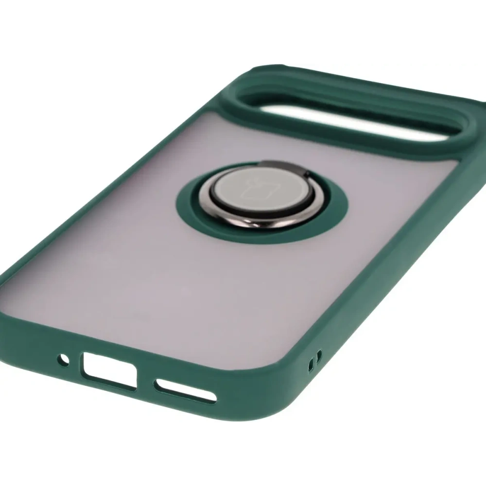 Etui z uchwytem na palec Bizon Case Hybrid Ring do Google Pixel 9 / 9 Pro przydymione z ciemnozieloną ramką