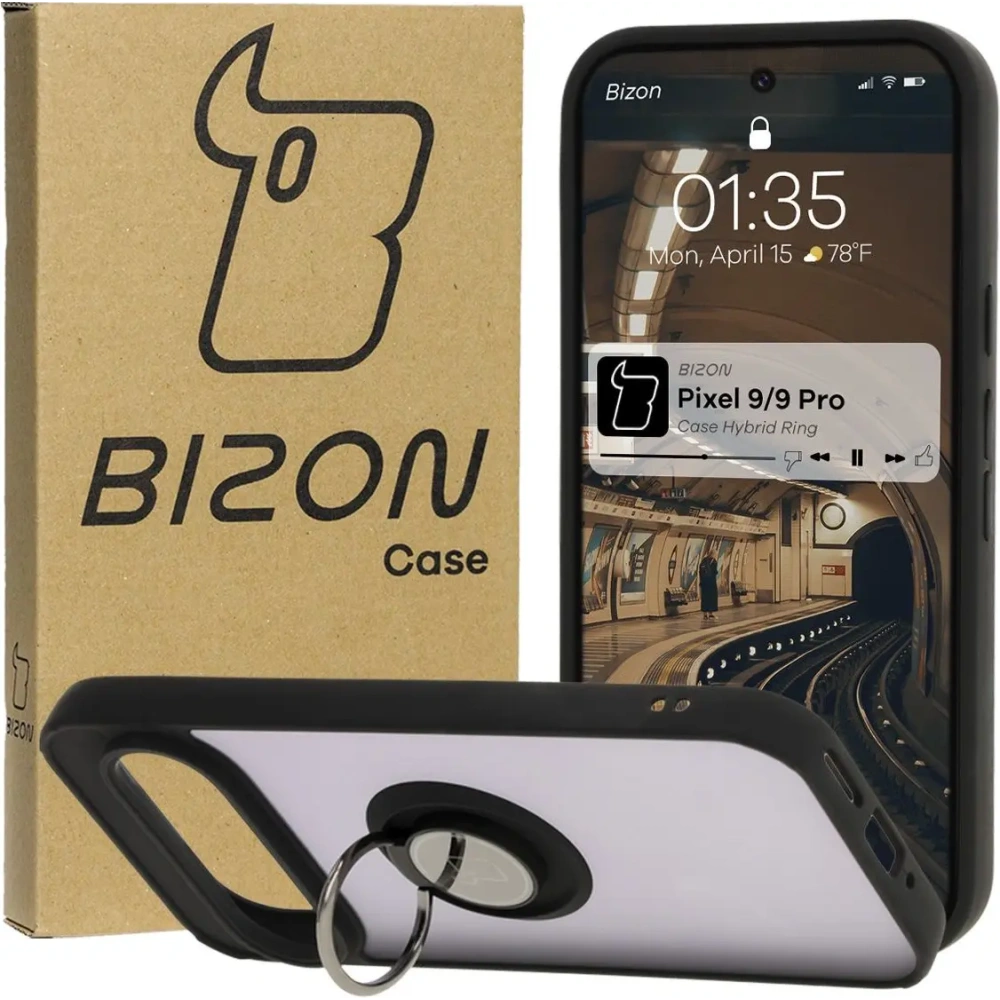 Etui z uchwytem na palec Bizon Case Hybrid Ring do Google Pixel 9 / 9 Pro przydymione z czarną ramką