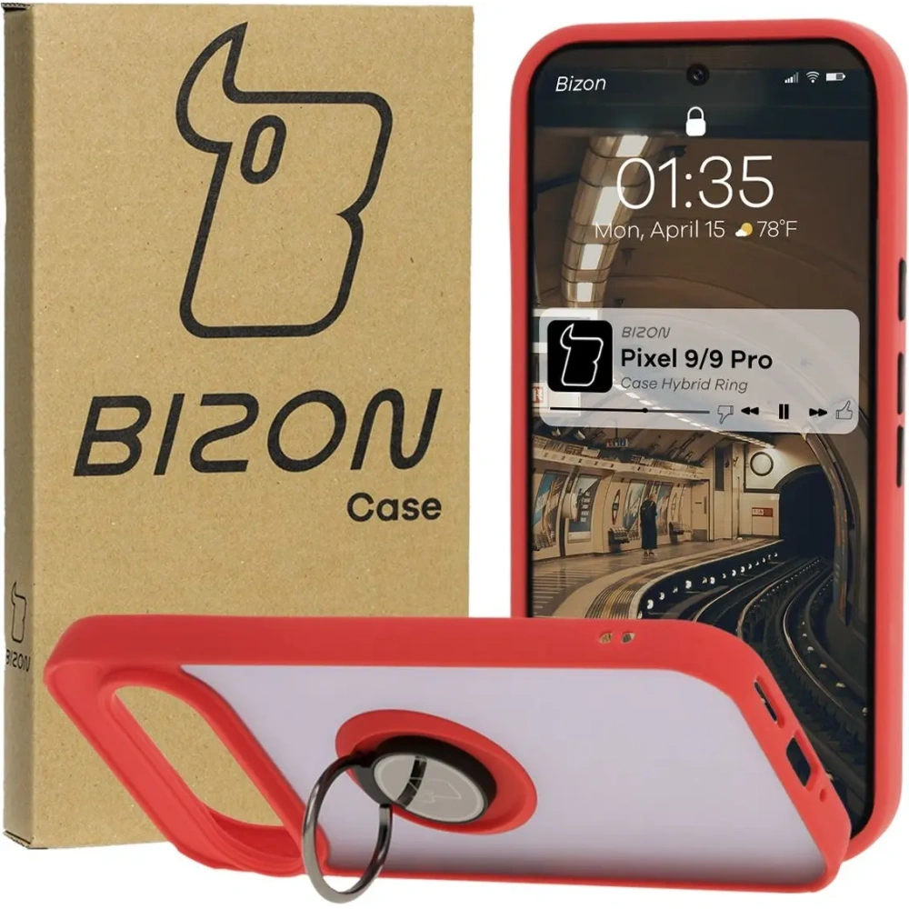 Etui z uchwytem na palec Bizon Case Hybrid Ring do Google Pixel 9 / 9 Pro przydymione z czerwoną ramką