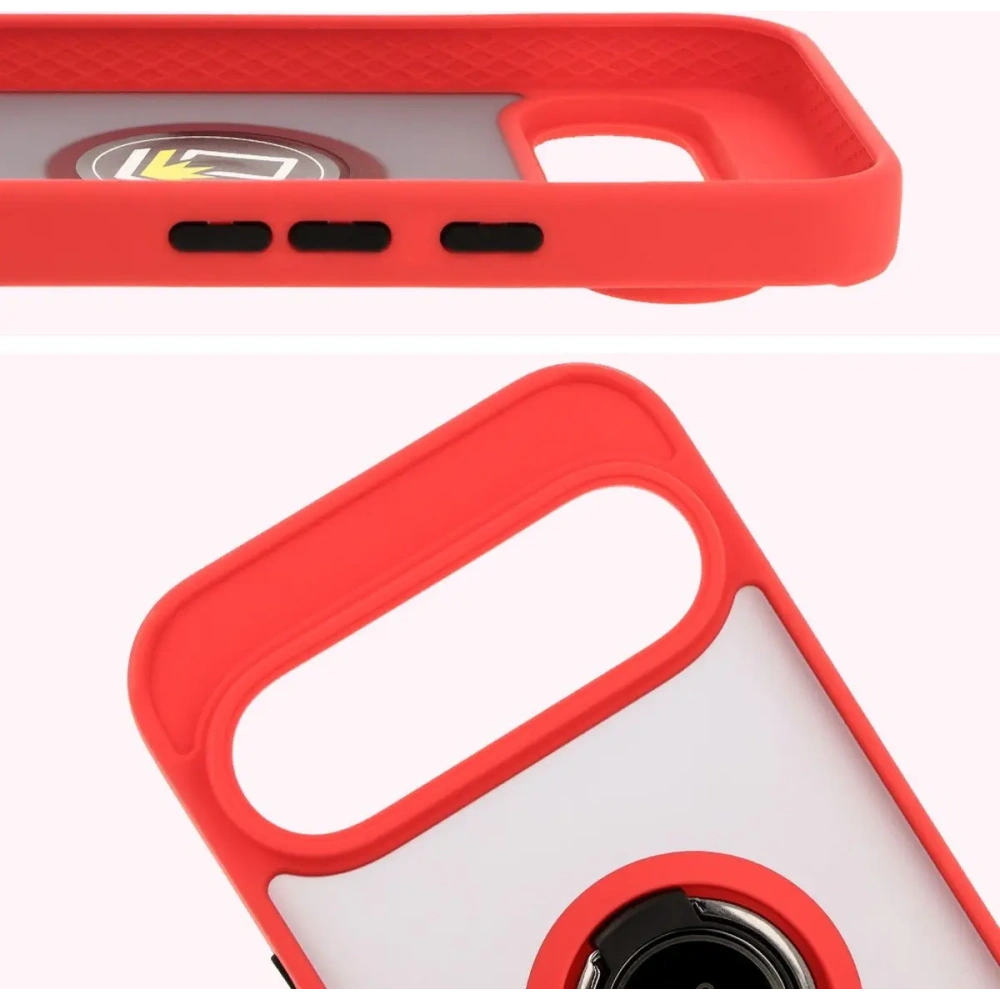 Etui z uchwytem na palec Bizon Case Hybrid Ring do Google Pixel 9 / 9 Pro przydymione z czerwoną ramką