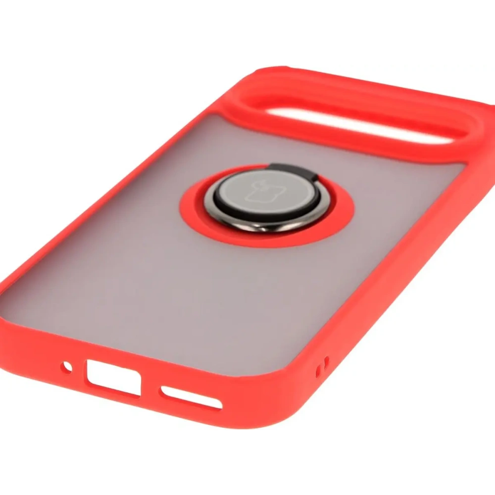 Etui z uchwytem na palec Bizon Case Hybrid Ring do Google Pixel 9 / 9 Pro przydymione z czerwoną ramką