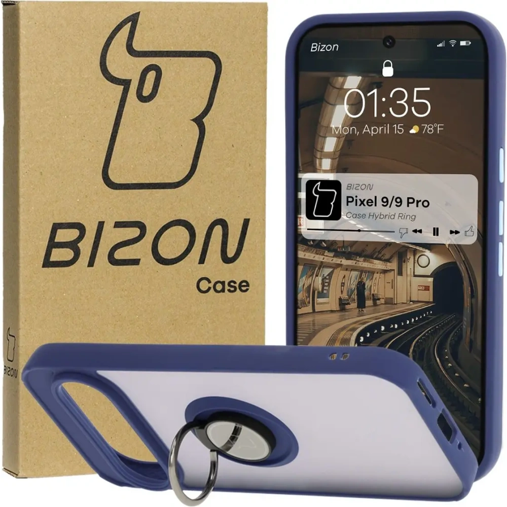 Etui z uchwytem na palec Bizon Case Hybrid Ring do Google Pixel 9 / 9 Pro przydymione z granatową ramką