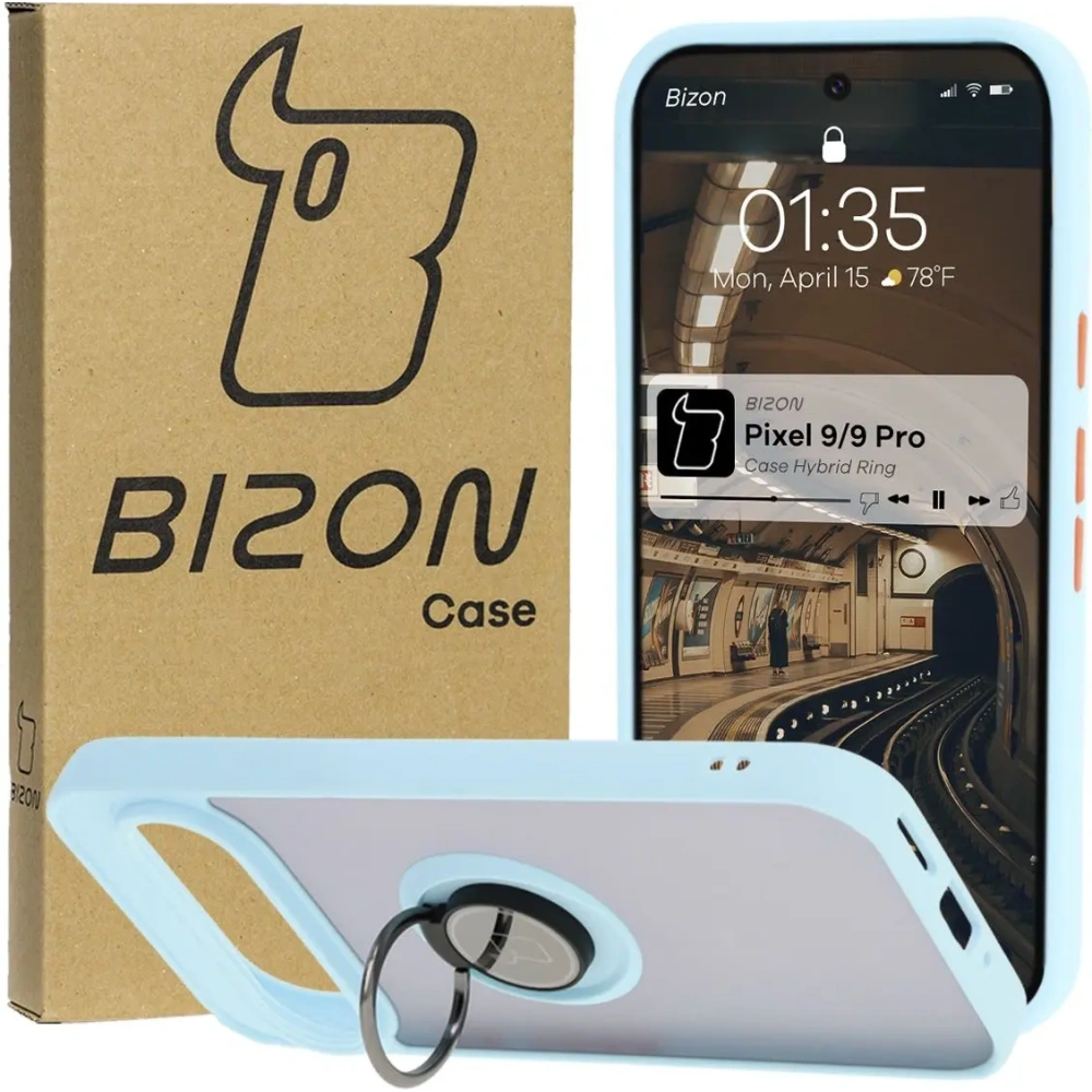 Etui z uchwytem na palec Bizon Case Hybrid Ring do Google Pixel 9 / 9 Pro przydymione z jasnoniebieską ramką