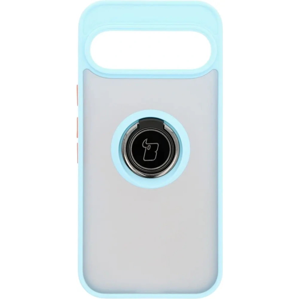 Etui z uchwytem na palec Bizon Case Hybrid Ring do Google Pixel 9 / 9 Pro przydymione z jasnoniebieską ramką