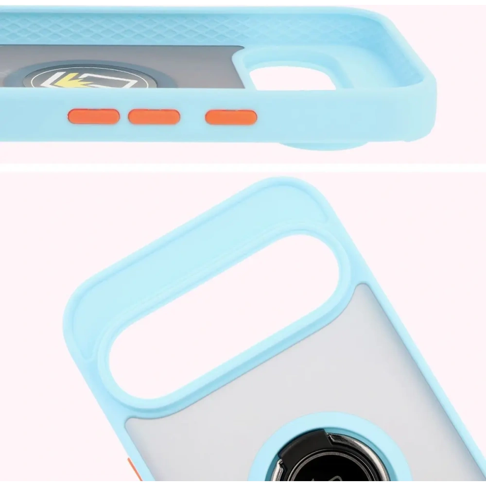 Etui z uchwytem na palec Bizon Case Hybrid Ring do Google Pixel 9 / 9 Pro przydymione z jasnoniebieską ramką