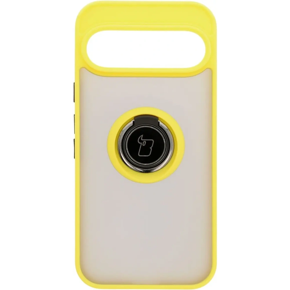 Etui z uchwytem na palec Bizon Case Hybrid Ring do Google Pixel 9 / 9 Pro przydymione z żółtą ramką