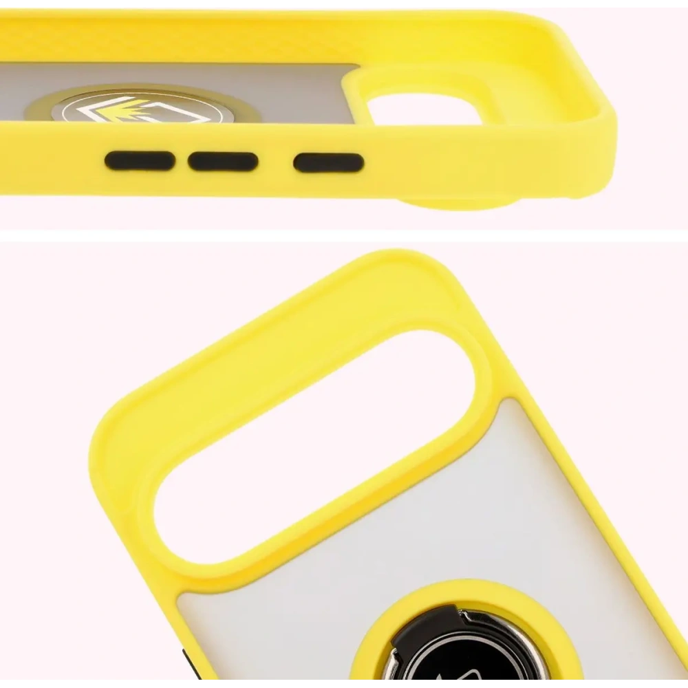 Etui z uchwytem na palec Bizon Case Hybrid Ring do Google Pixel 9 / 9 Pro przydymione z żółtą ramką