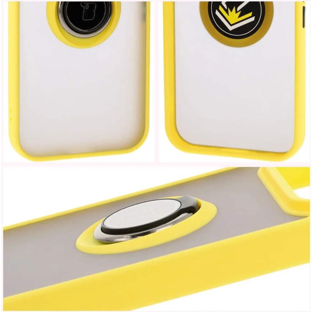 Etui z uchwytem na palec Bizon Case Hybrid Ring do Google Pixel 9 / 9 Pro przydymione z żółtą ramką