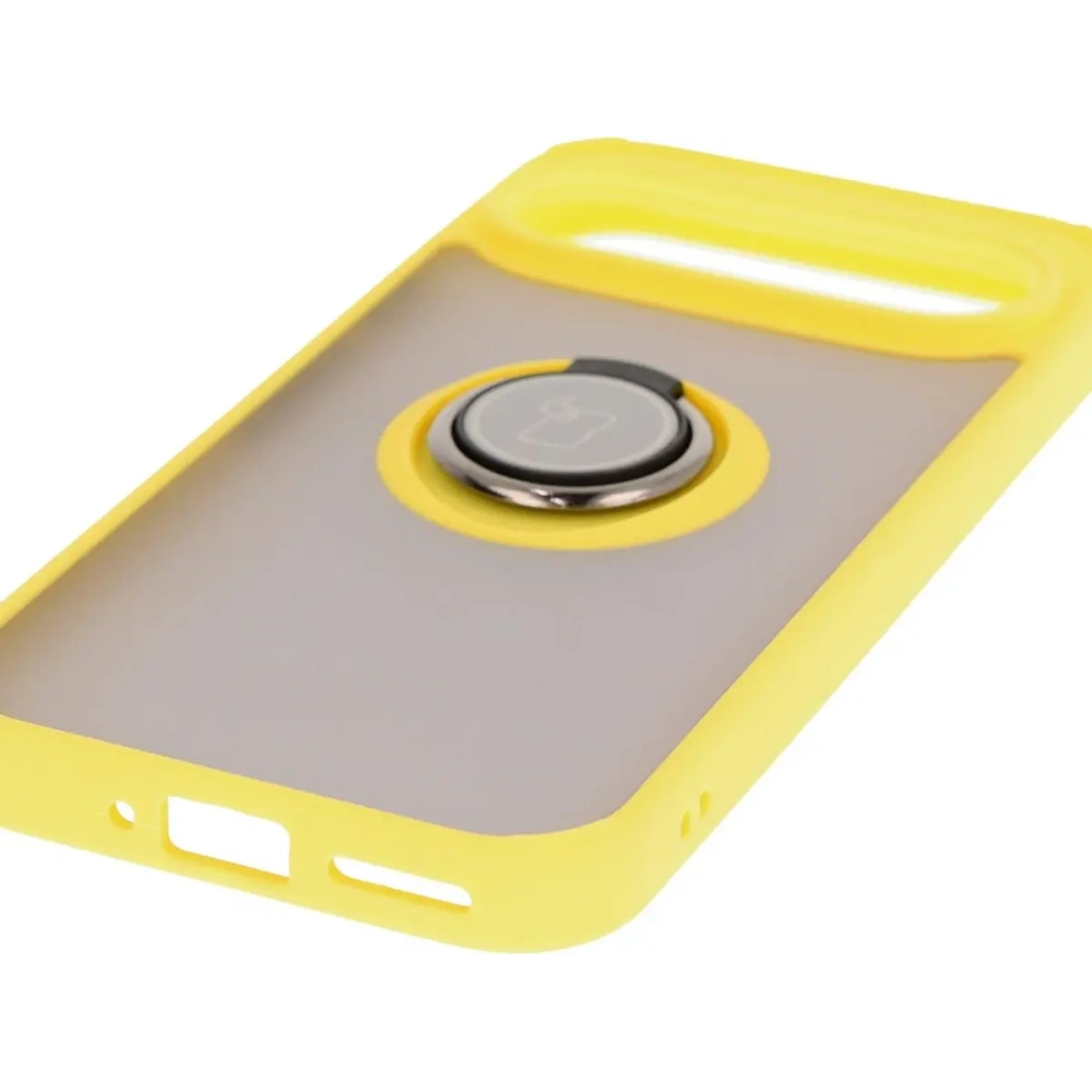 Etui z uchwytem na palec Bizon Case Hybrid Ring do Google Pixel 9 / 9 Pro przydymione z żółtą ramką