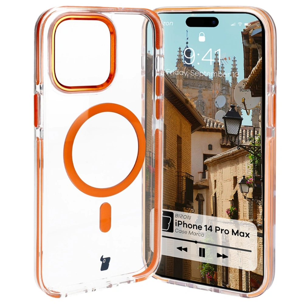 Etui z pierścieniem magnetycznym Bizon Case Marco do Apple iPhone 14 Pro Max przezroczyste z pomarańczową ramką