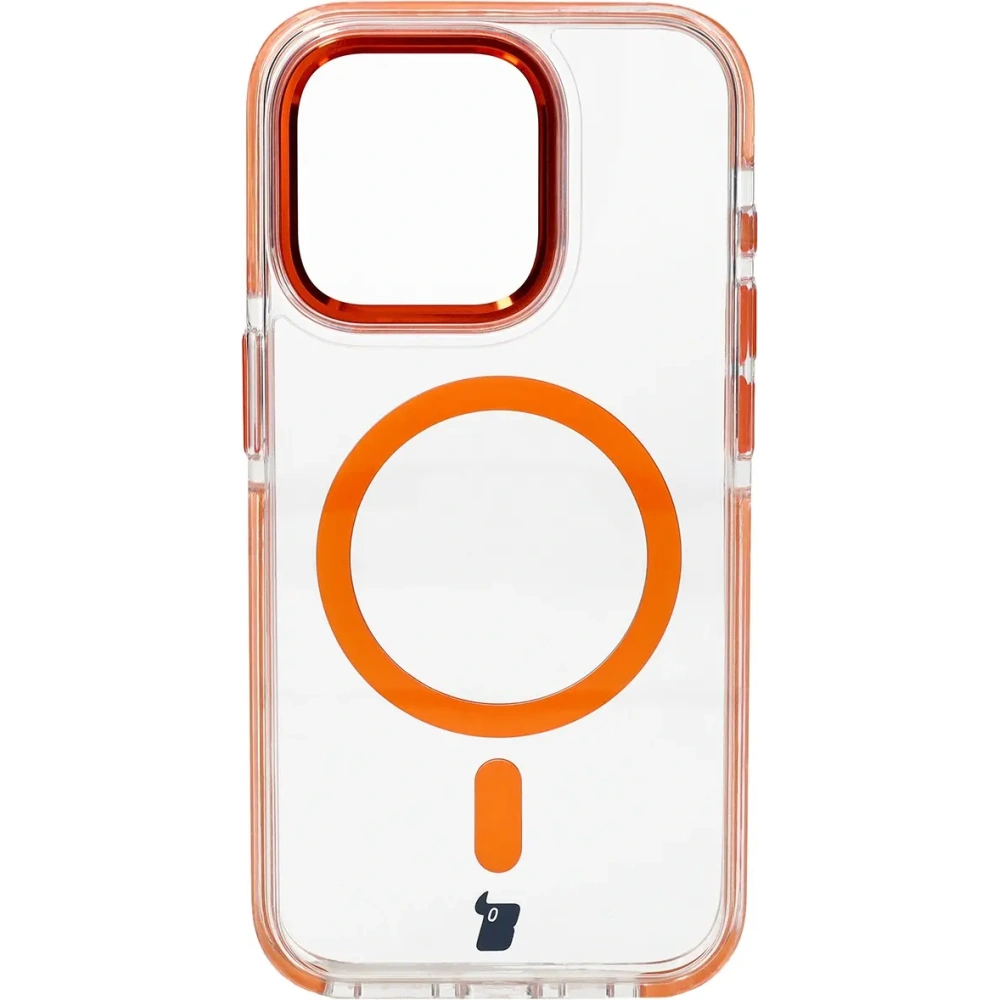 Etui z pierścieniem magnetycznym Bizon Case Marco do Apple iPhone 15 Pro przezroczyste z pomarańczową ramką